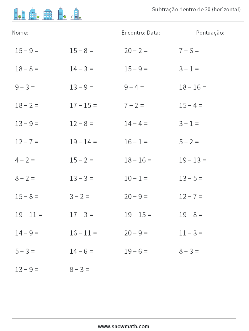 (50) Subtração dentro de 20 (horizontal) planilhas matemáticas 9