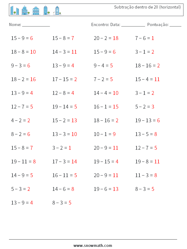 (50) Subtração dentro de 20 (horizontal) planilhas matemáticas 9 Pergunta, Resposta