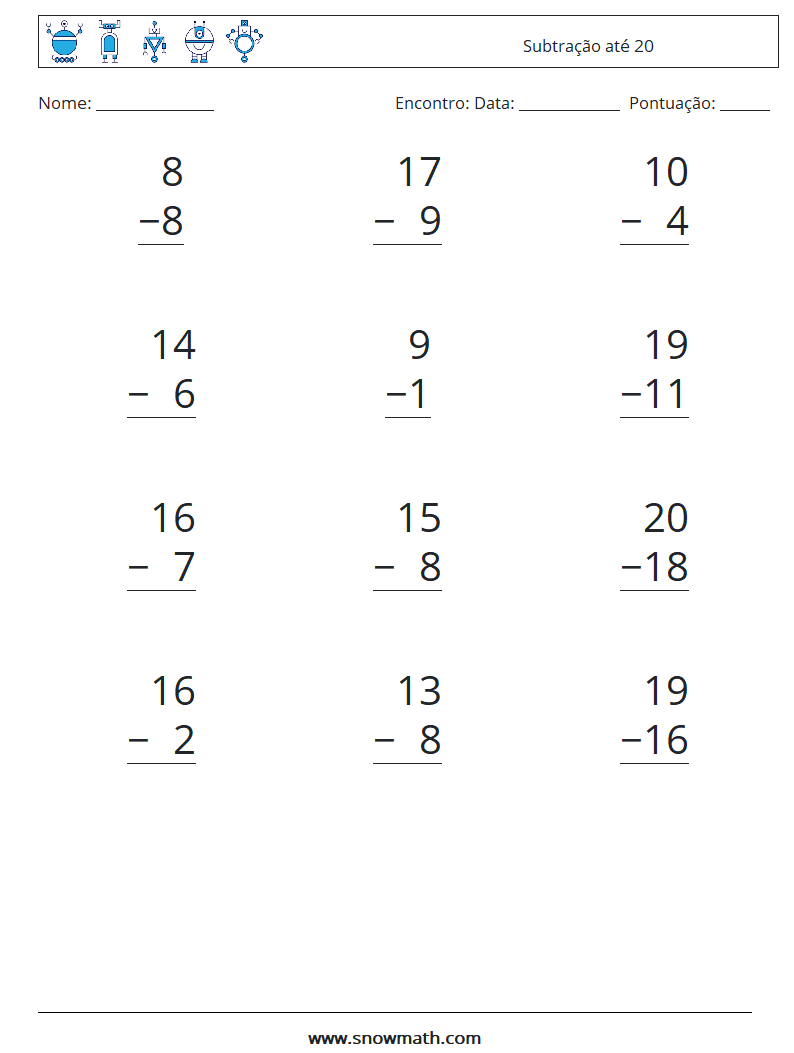 (12) Subtração até 20 planilhas matemáticas 9