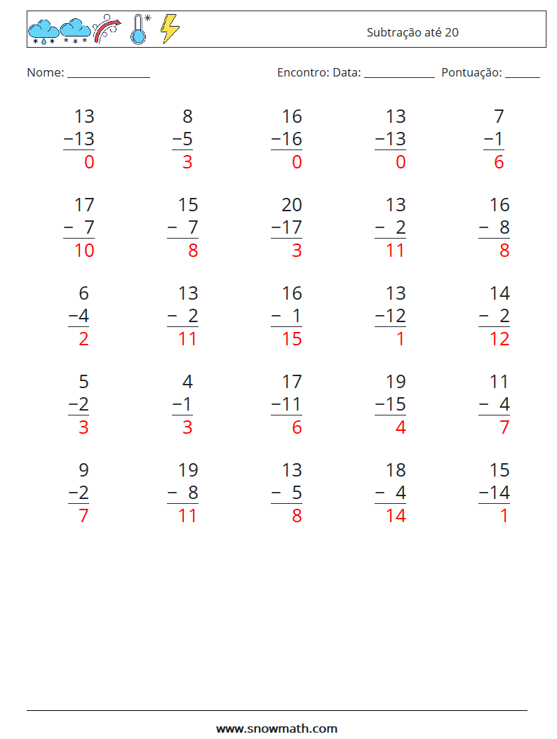 (25) Subtração até 20 planilhas matemáticas 13 Pergunta, Resposta