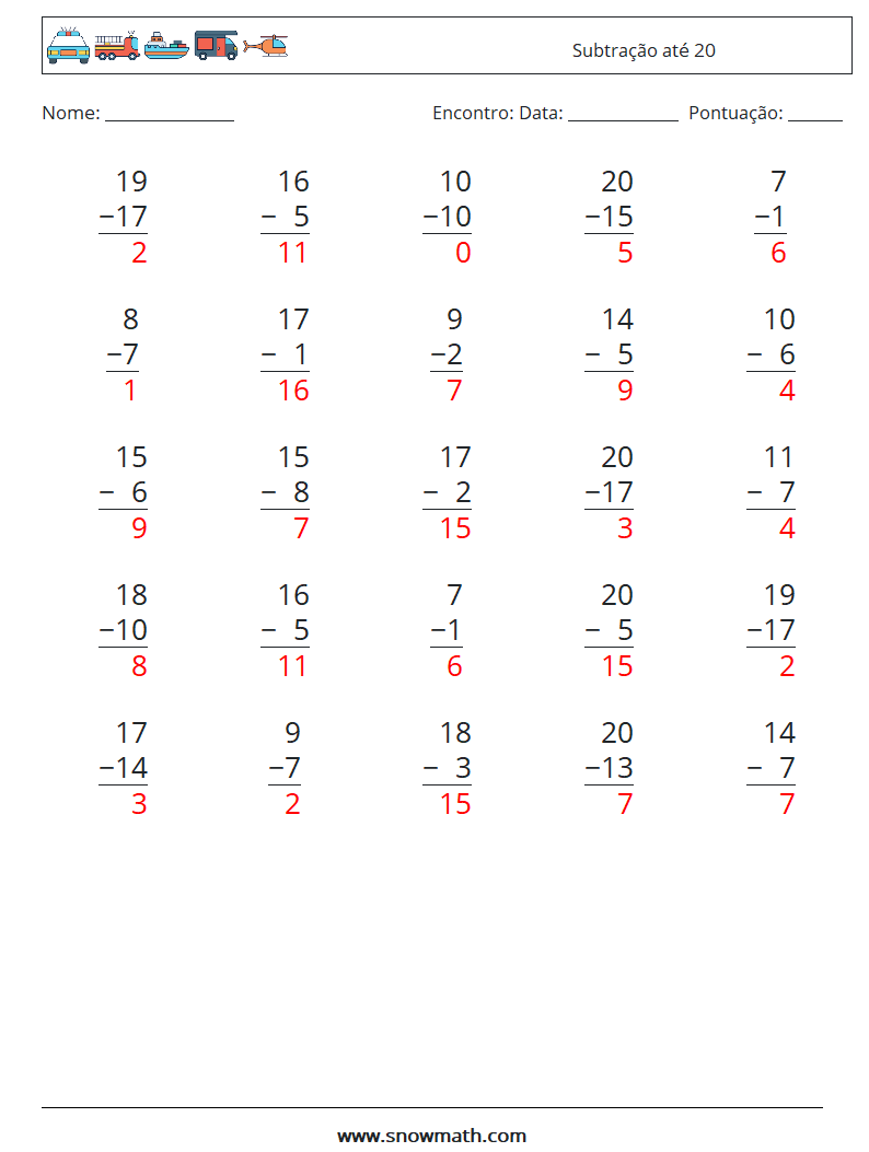 (25) Subtração até 20 planilhas matemáticas 15 Pergunta, Resposta