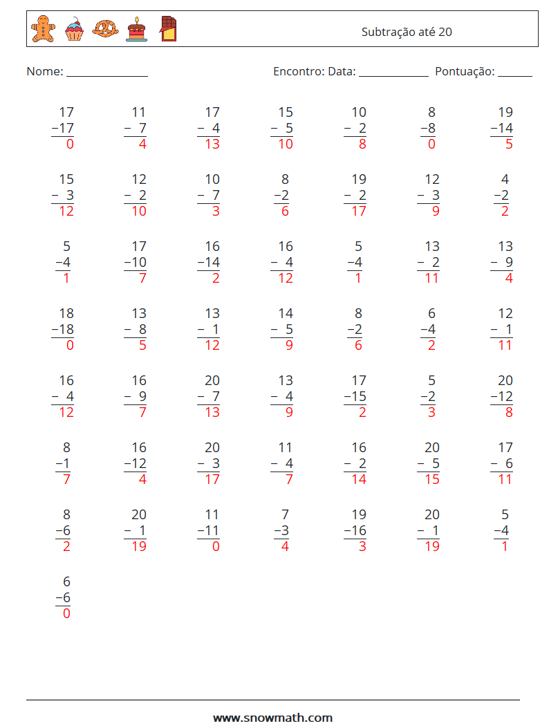 (50) Subtração até 20 planilhas matemáticas 18 Pergunta, Resposta