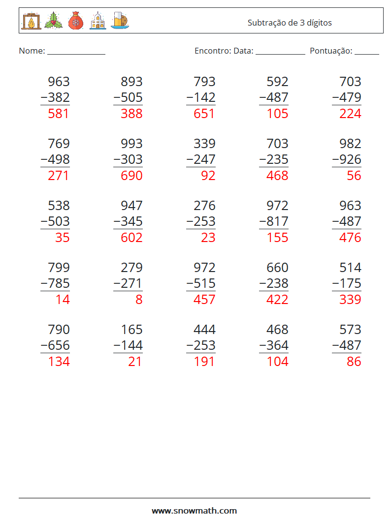 (25) Subtração de 3 dígitos planilhas matemáticas 10 Pergunta, Resposta