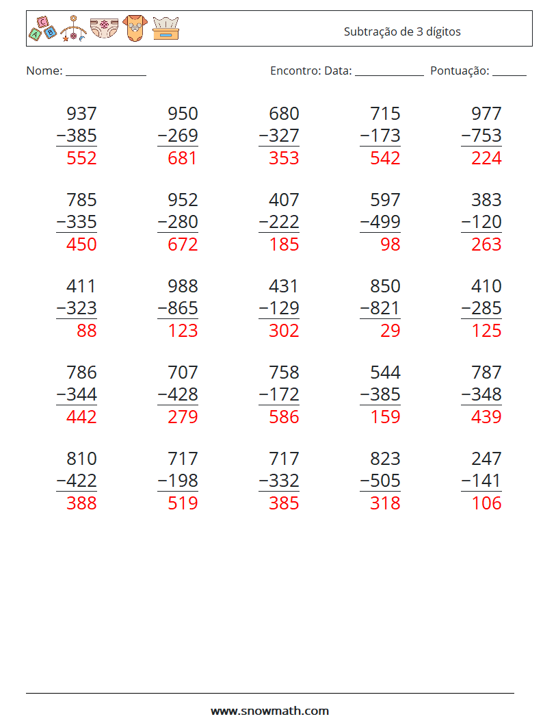 (25) Subtração de 3 dígitos planilhas matemáticas 11 Pergunta, Resposta