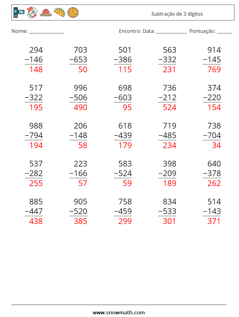 (25) Subtração de 3 dígitos planilhas matemáticas 17 Pergunta, Resposta