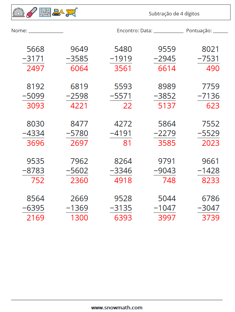 (25) Subtração de 4 dígitos planilhas matemáticas 10 Pergunta, Resposta