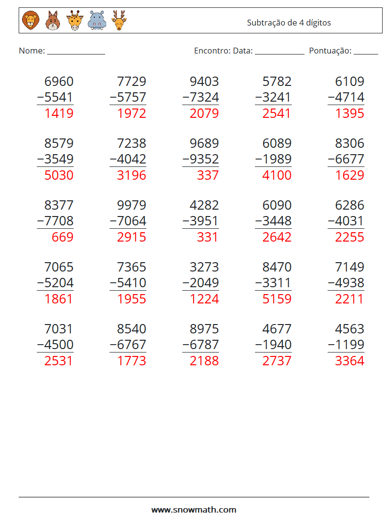 (25) Subtração de 4 dígitos planilhas matemáticas 13 Pergunta, Resposta