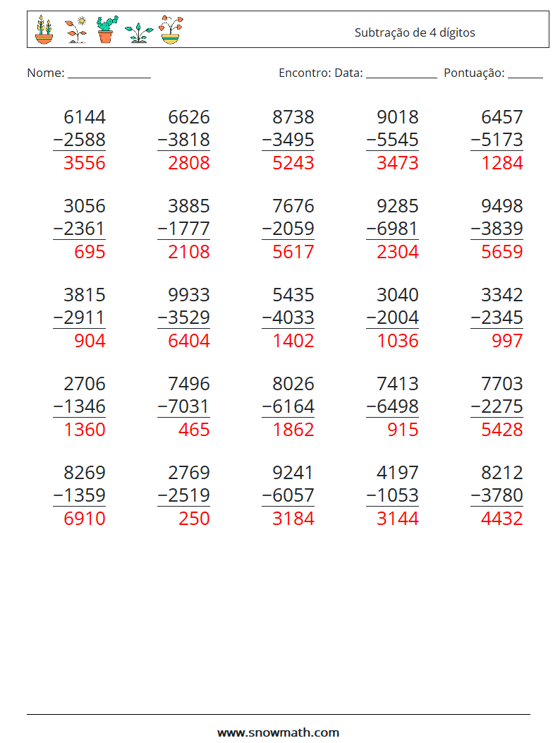 (25) Subtração de 4 dígitos planilhas matemáticas 16 Pergunta, Resposta