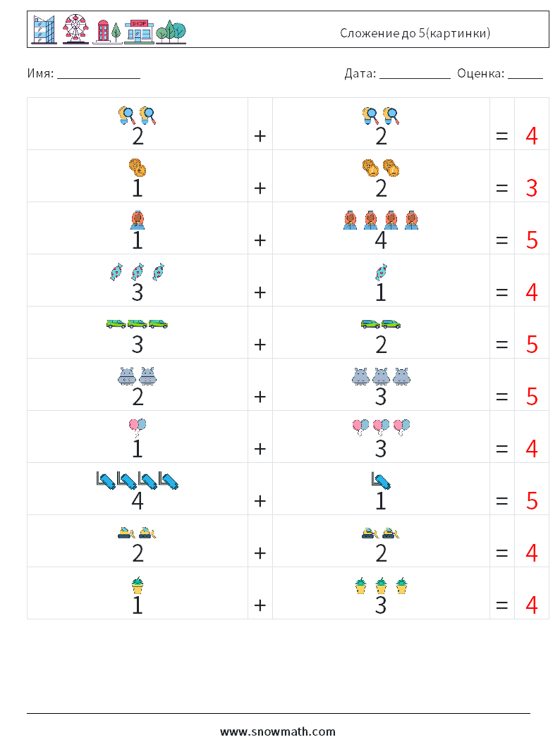 Сложение до 5(картинки) Рабочие листы по математике 18 Вопрос, ответ
