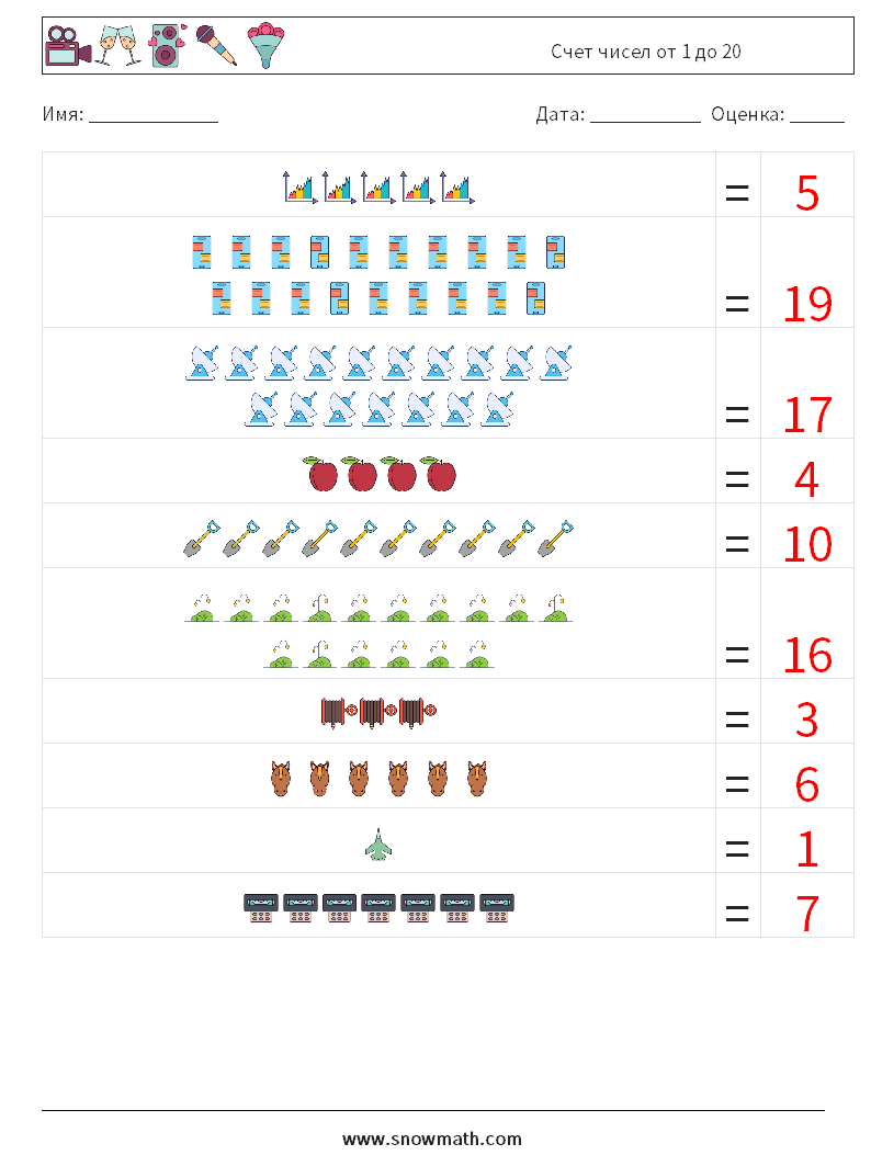 Счет чисел от 1 до 20 Рабочие листы по математике 10 Вопрос, ответ