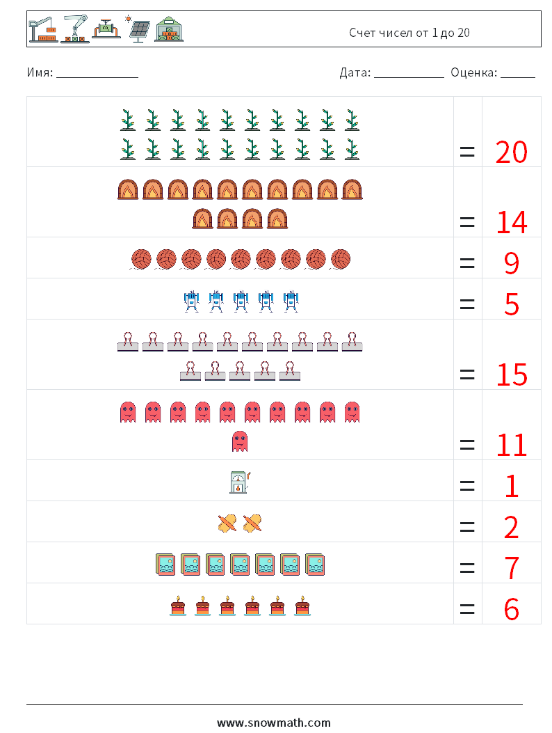 Счет чисел от 1 до 20 Рабочие листы по математике 17 Вопрос, ответ