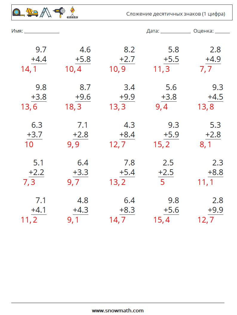 (25) Сложение десятичных знаков (1 цифра) Рабочие листы по математике 12 Вопрос, ответ