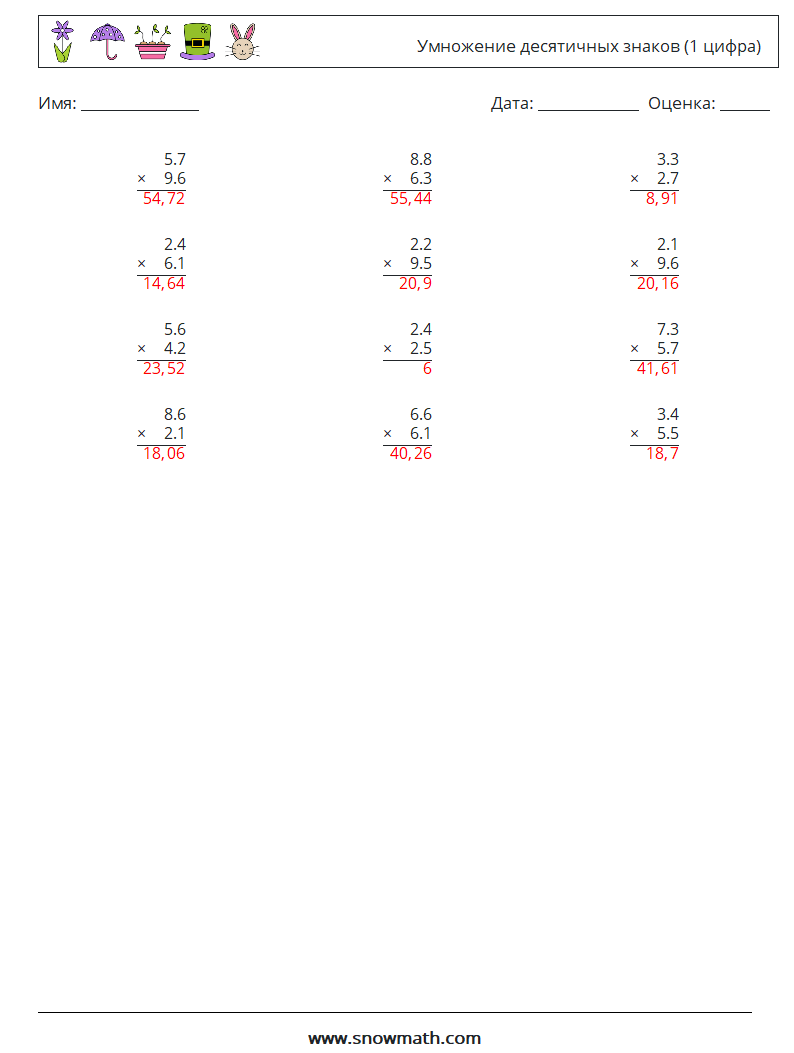 (12) Умножение десятичных знаков (1 цифра) Рабочие листы по математике 14 Вопрос, ответ