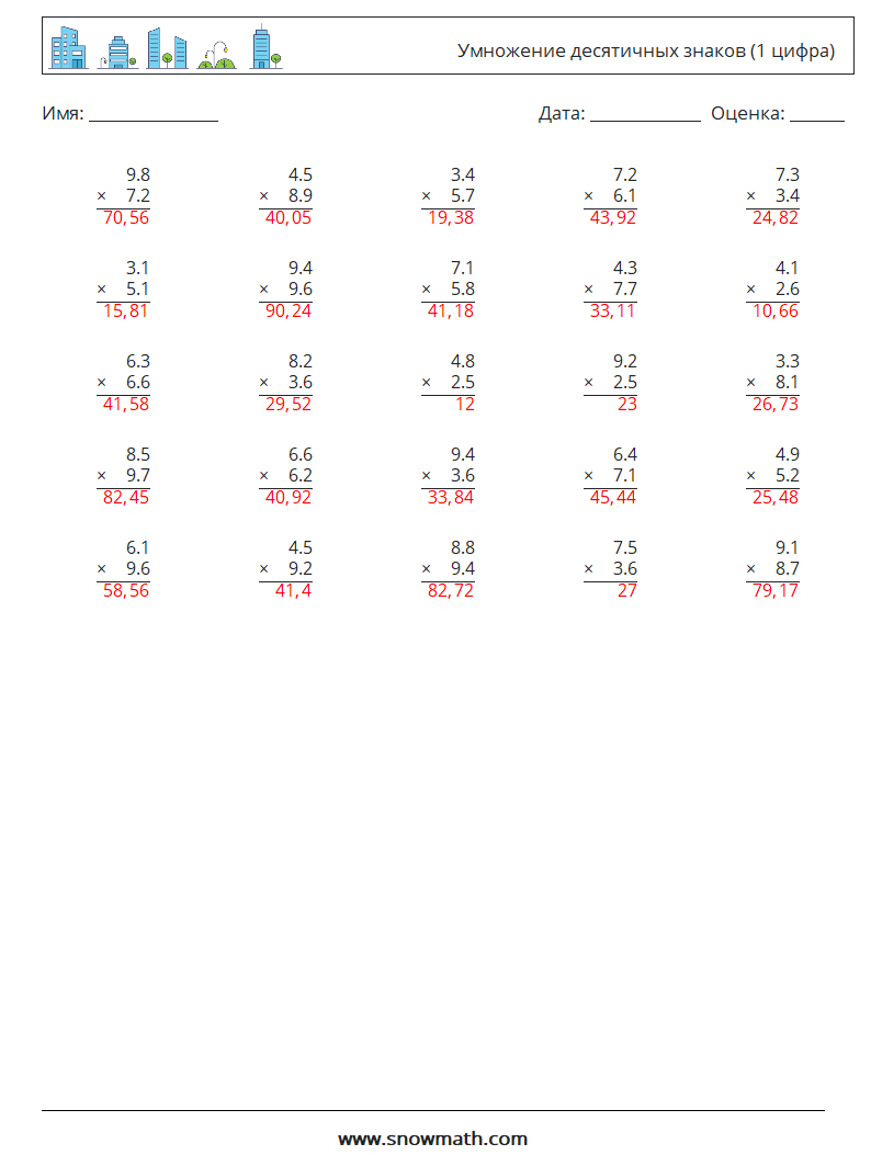 (25) Умножение десятичных знаков (1 цифра) Рабочие листы по математике 18 Вопрос, ответ