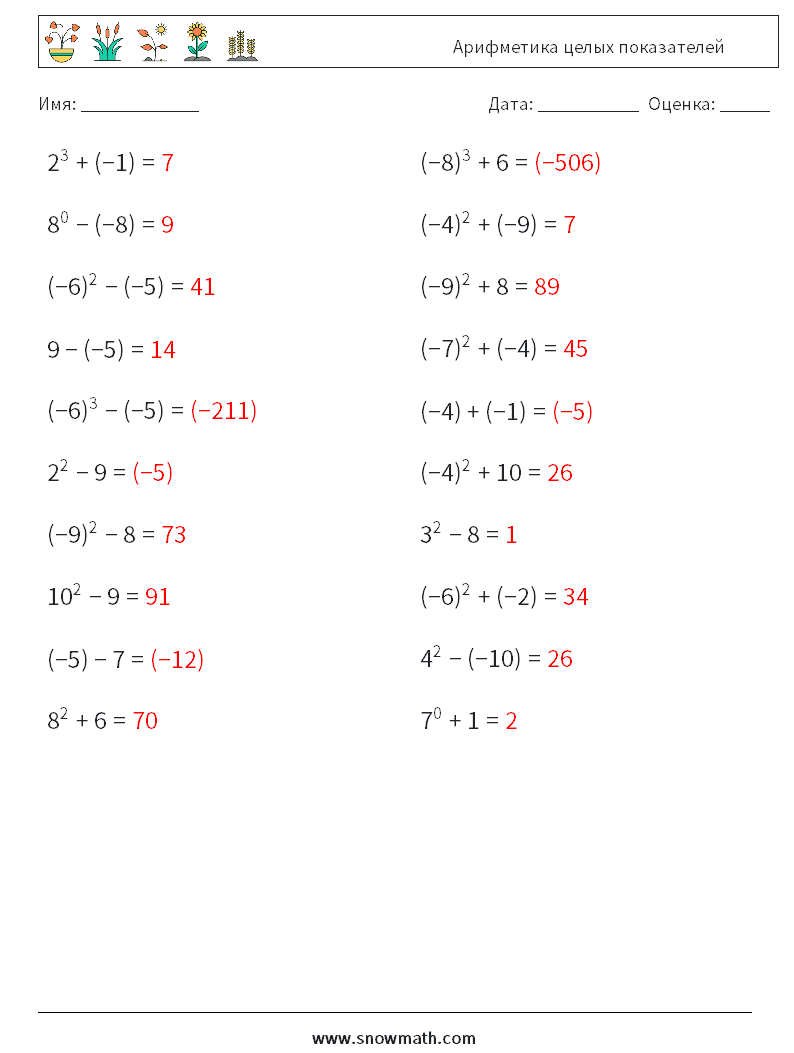 Арифметика целых показателей Рабочие листы по математике 8 Вопрос, ответ