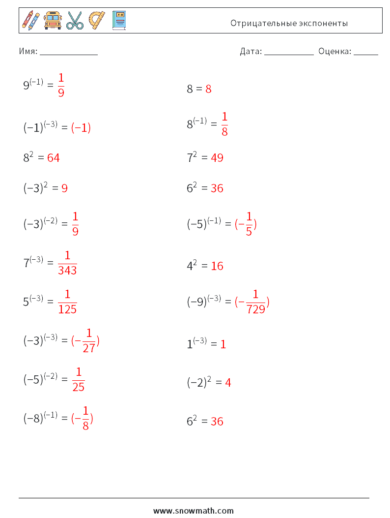  Отрицательные экспоненты Рабочие листы по математике 4 Вопрос, ответ