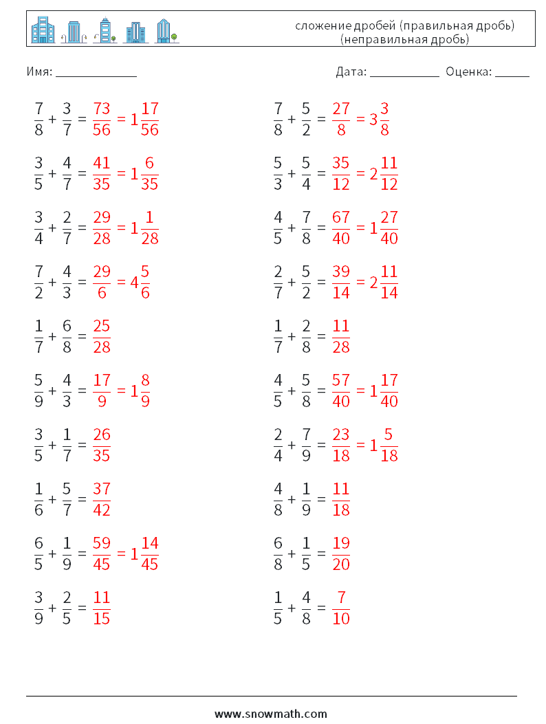(20) сложение дробей (правильная дробь) (неправильная дробь) Рабочие листы по математике 11 Вопрос, ответ