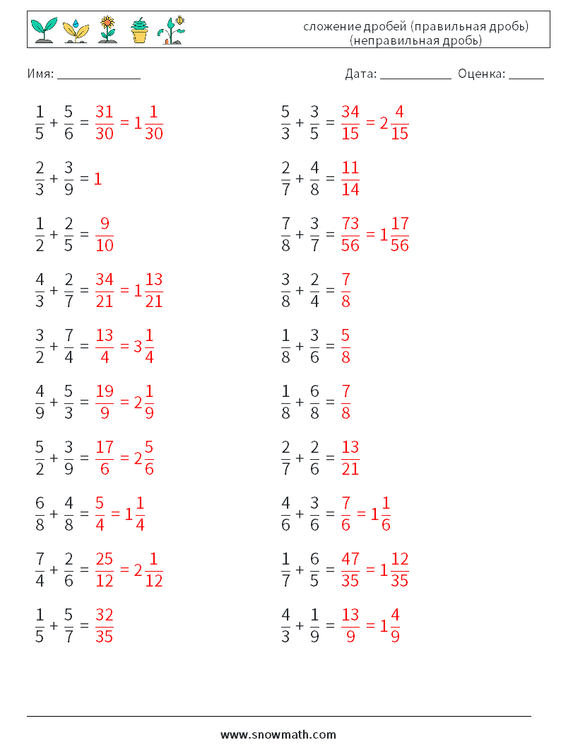(20) сложение дробей (правильная дробь) (неправильная дробь) Рабочие листы по математике 1 Вопрос, ответ
