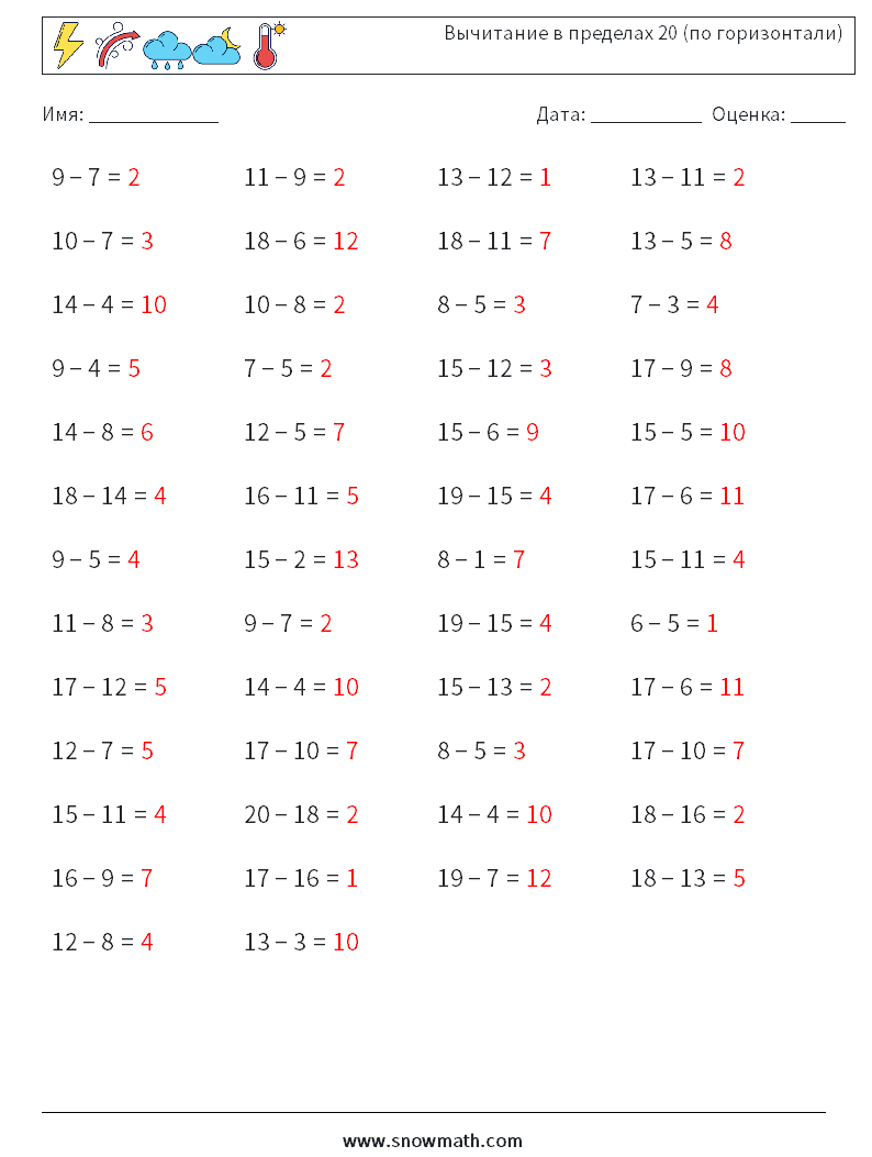(50) Вычитание в пределах 20 (по горизонтали) Рабочие листы по математике 5 Вопрос, ответ