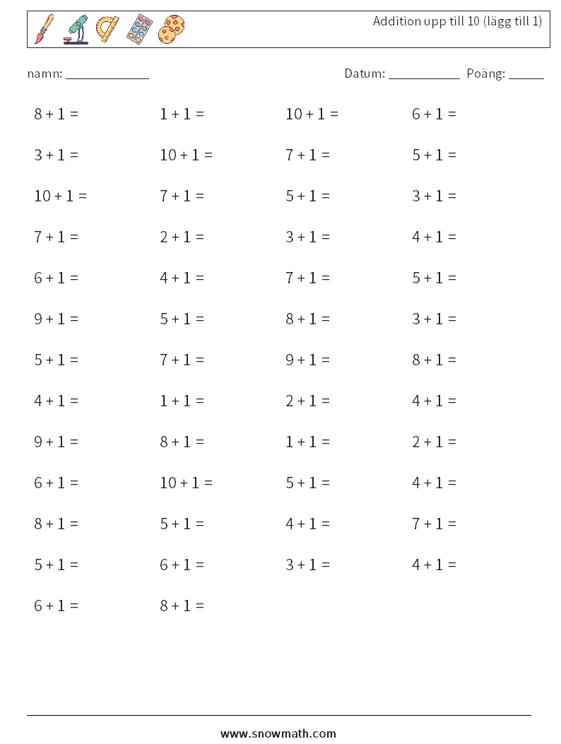 (50) Addition upp till 10 (lägg till 1) Matematiska arbetsblad 1