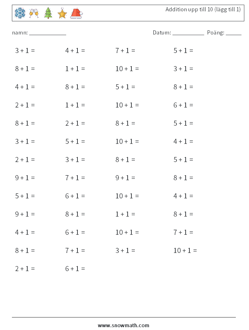 (50) Addition upp till 10 (lägg till 1) Matematiska arbetsblad 5