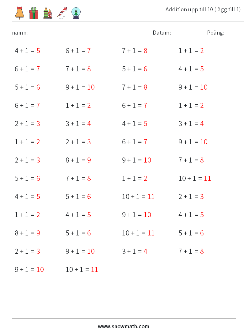 (50) Addition upp till 10 (lägg till 1) Matematiska arbetsblad 6 Fråga, svar