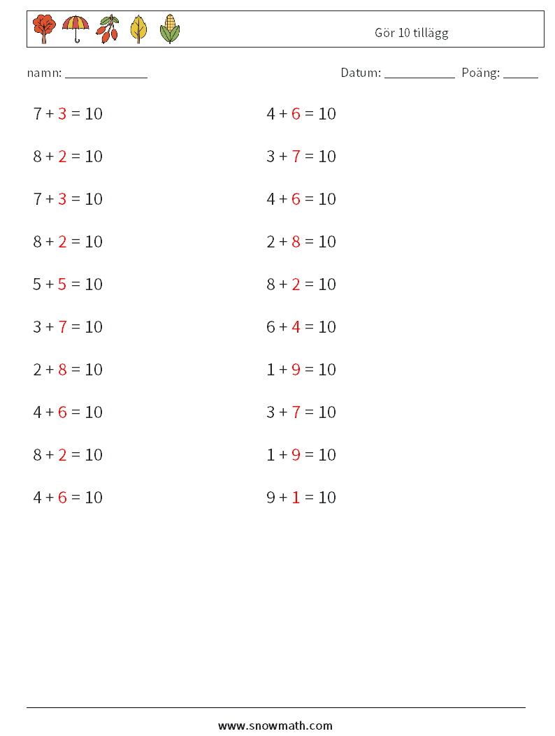 (20) Gör 10 tillägg Matematiska arbetsblad 1 Fråga, svar
