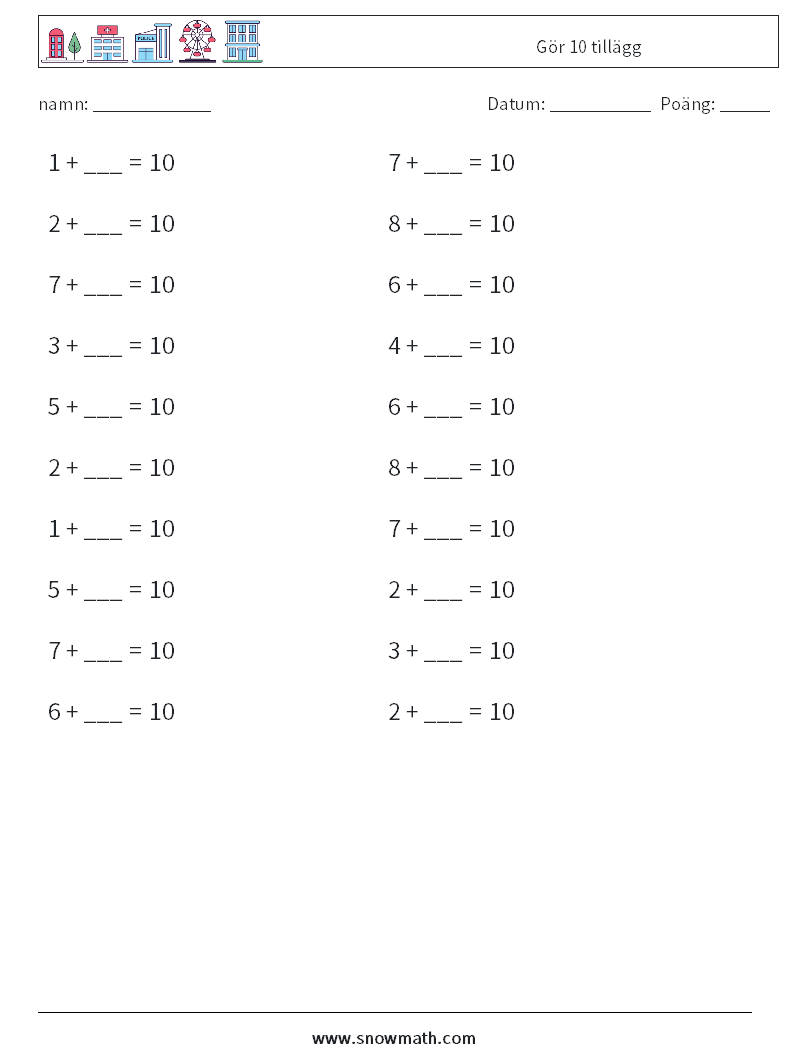 (20) Gör 10 tillägg Matematiska arbetsblad 2