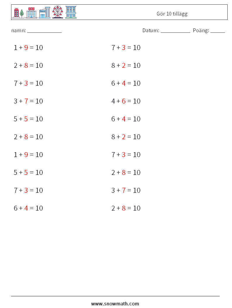 (20) Gör 10 tillägg Matematiska arbetsblad 2 Fråga, svar