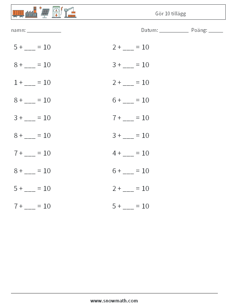 (20) Gör 10 tillägg Matematiska arbetsblad 3