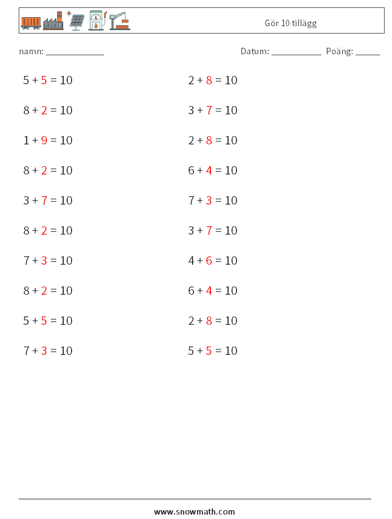 (20) Gör 10 tillägg Matematiska arbetsblad 3 Fråga, svar