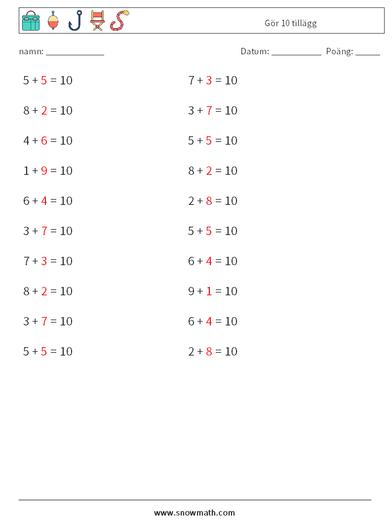 (20) Gör 10 tillägg Matematiska arbetsblad 4 Fråga, svar