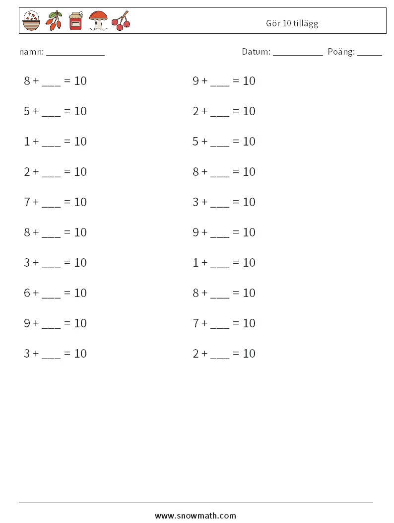 (20) Gör 10 tillägg Matematiska arbetsblad 6