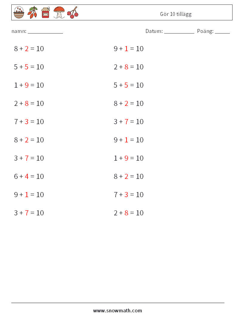 (20) Gör 10 tillägg Matematiska arbetsblad 6 Fråga, svar