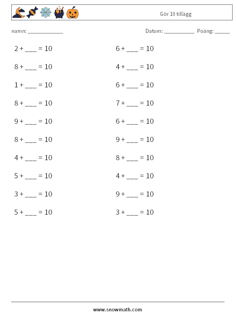 (20) Gör 10 tillägg Matematiska arbetsblad 7