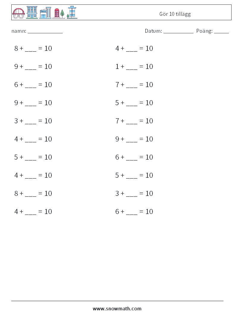 (20) Gör 10 tillägg Matematiska arbetsblad 8