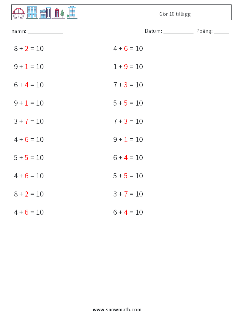 (20) Gör 10 tillägg Matematiska arbetsblad 8 Fråga, svar