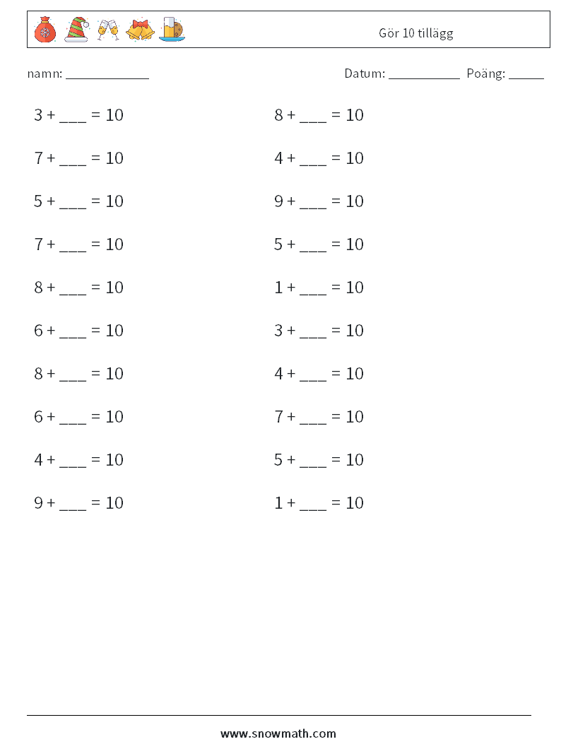 (20) Gör 10 tillägg Matematiska arbetsblad 9