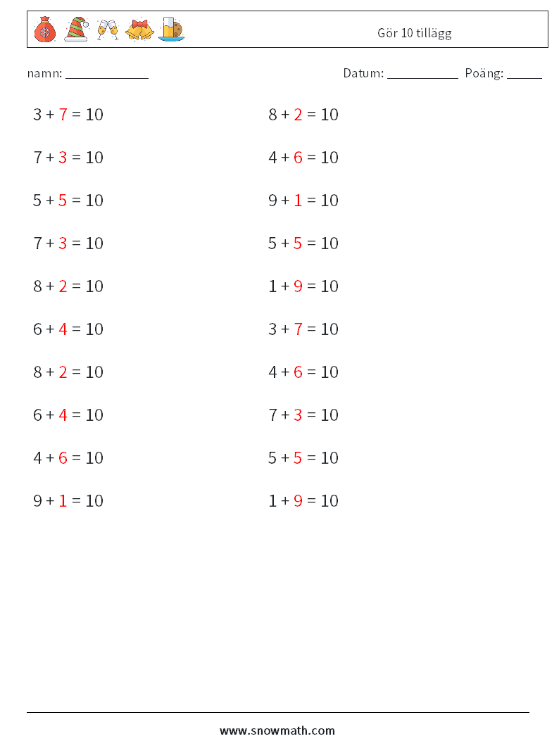 (20) Gör 10 tillägg Matematiska arbetsblad 9 Fråga, svar
