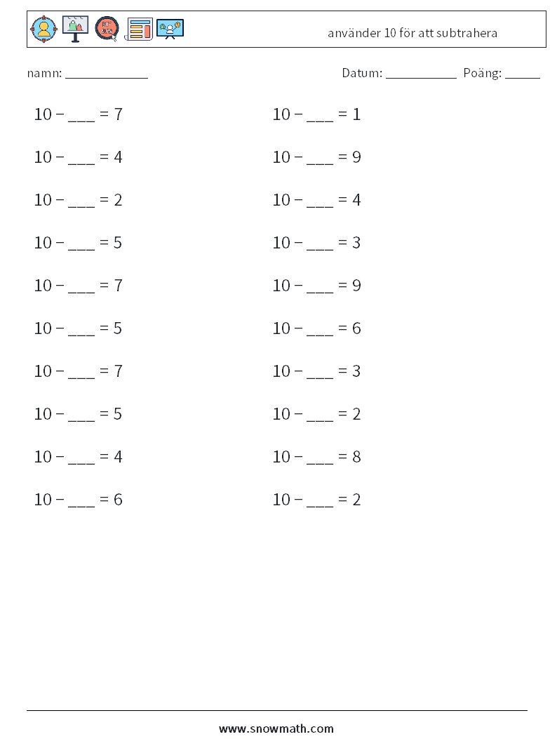 (20) använder 10 för att subtrahera Matematiska arbetsblad 1
