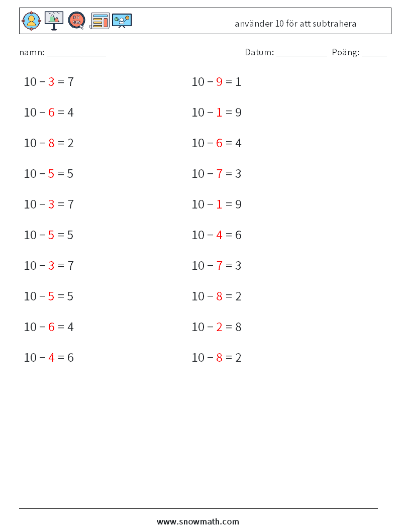 (20) använder 10 för att subtrahera Matematiska arbetsblad 1 Fråga, svar