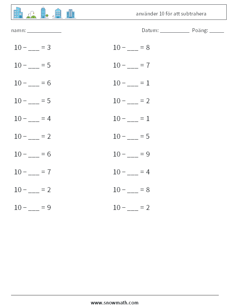 (20) använder 10 för att subtrahera Matematiska arbetsblad 2