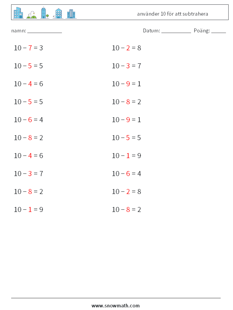 (20) använder 10 för att subtrahera Matematiska arbetsblad 2 Fråga, svar