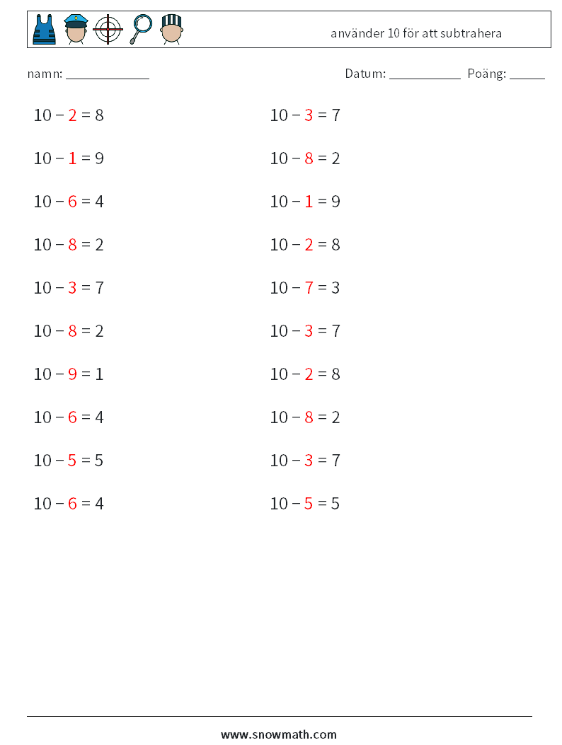 (20) använder 10 för att subtrahera Matematiska arbetsblad 3 Fråga, svar
