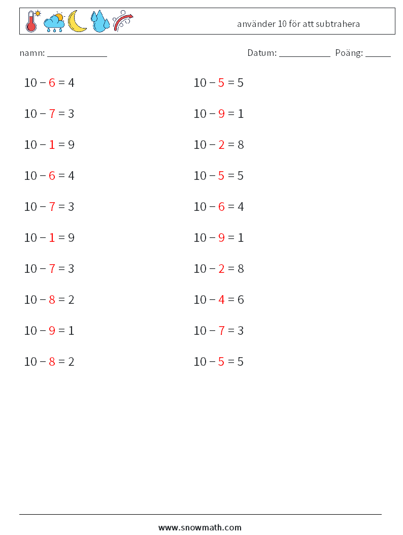 (20) använder 10 för att subtrahera Matematiska arbetsblad 5 Fråga, svar