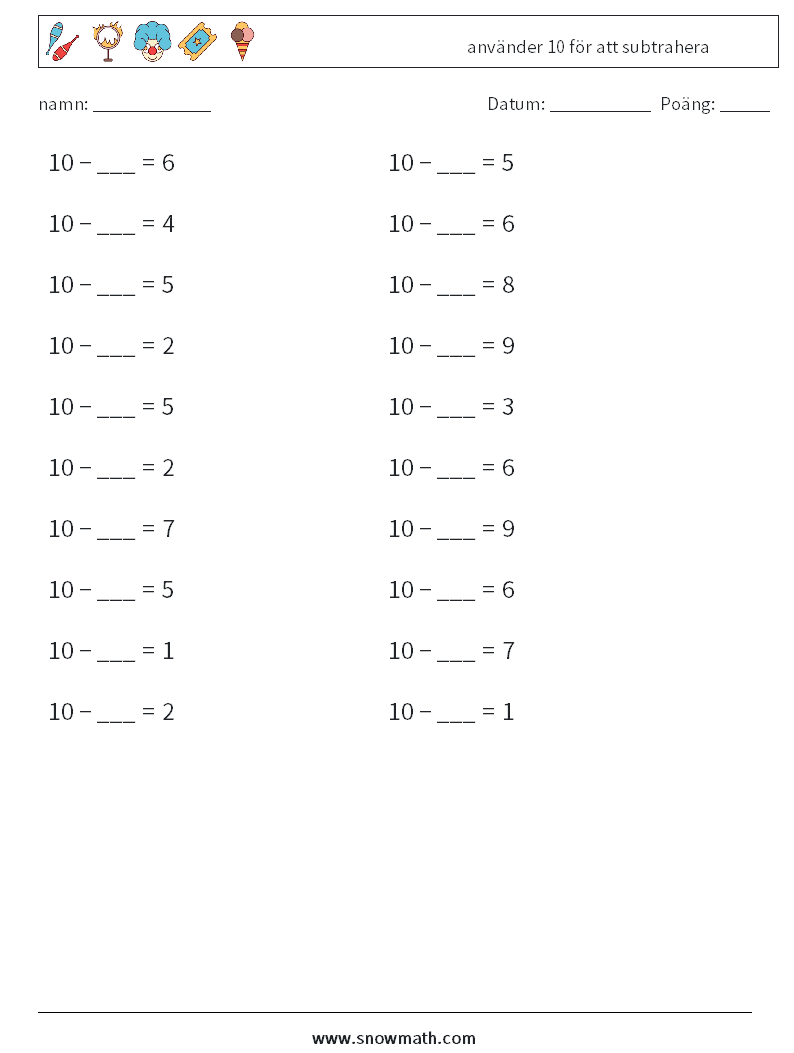 (20) använder 10 för att subtrahera Matematiska arbetsblad 6