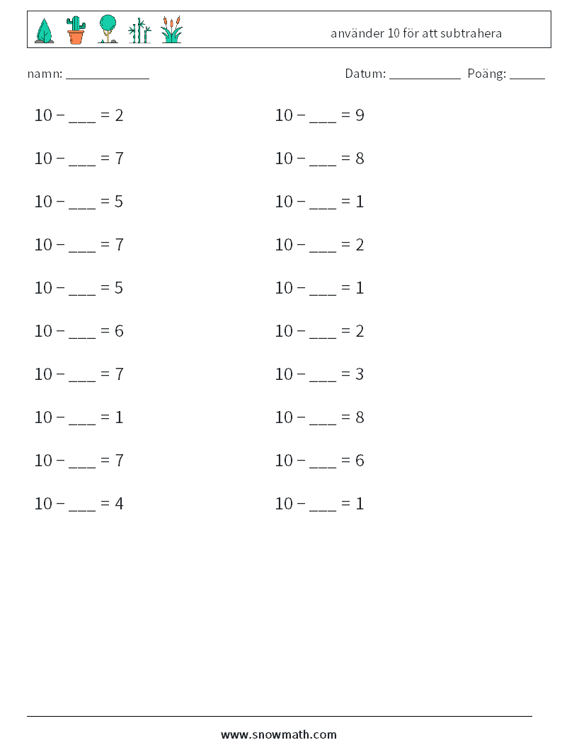 (20) använder 10 för att subtrahera Matematiska arbetsblad 7