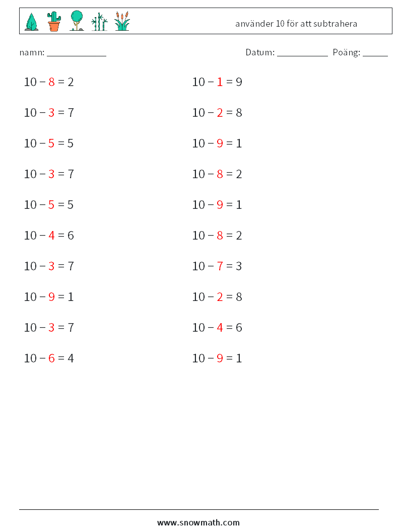 (20) använder 10 för att subtrahera Matematiska arbetsblad 7 Fråga, svar