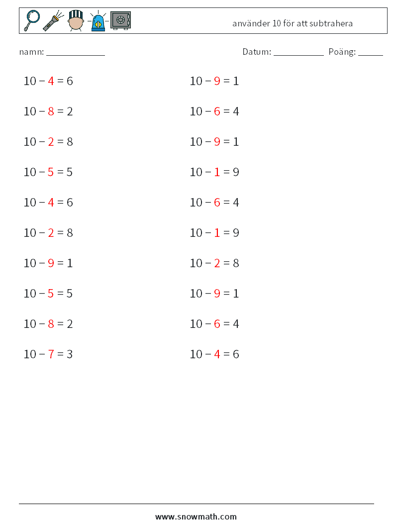 (20) använder 10 för att subtrahera Matematiska arbetsblad 8 Fråga, svar