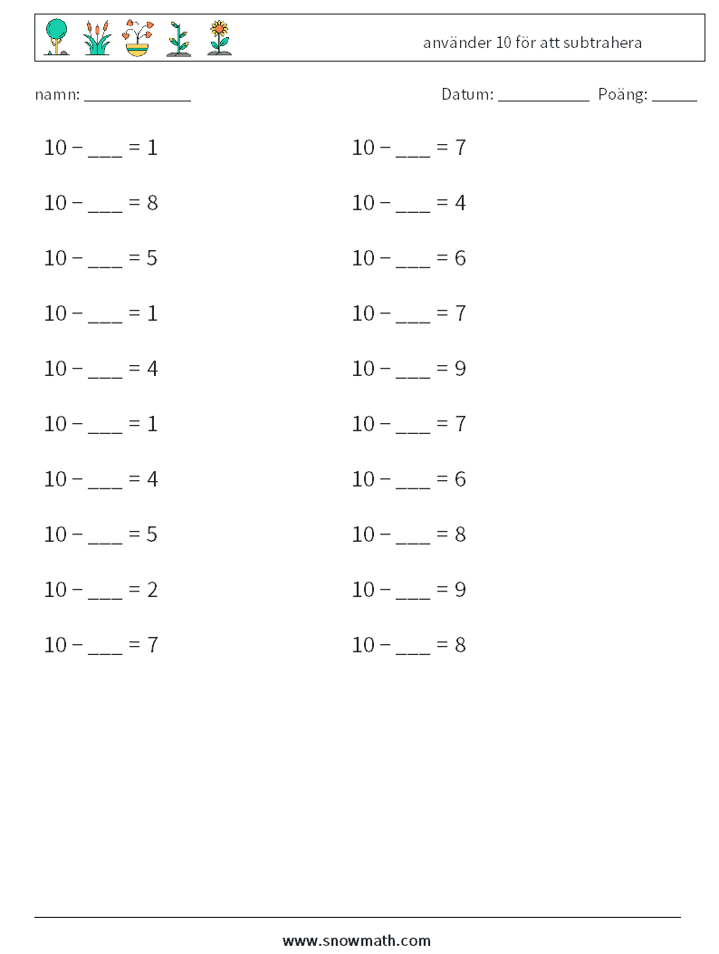 (20) använder 10 för att subtrahera Matematiska arbetsblad 9